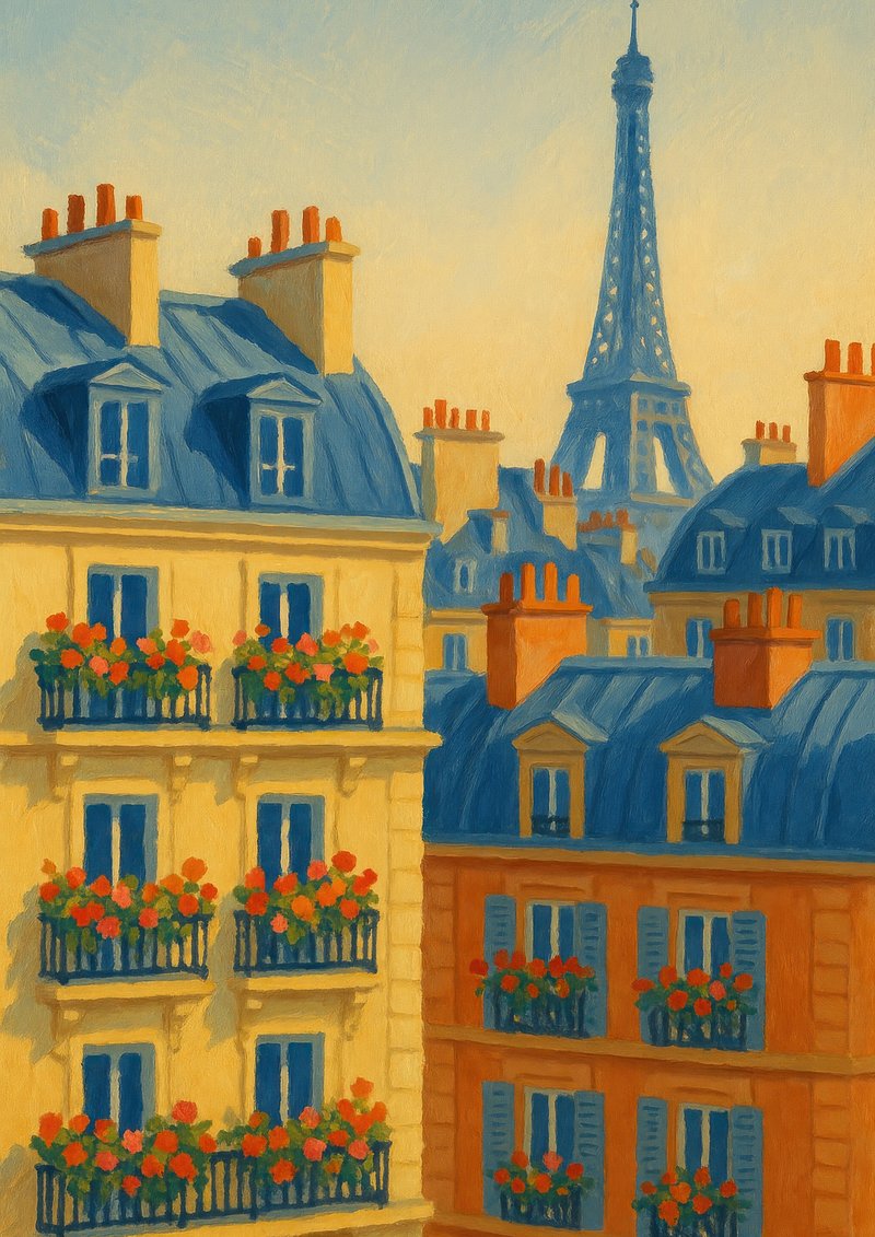 Charming Parisian rooftop scene.