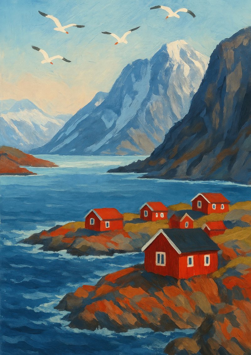 Scenic Nordic coastal village painting.