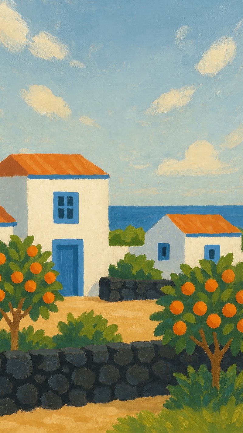 Mediterranean village orange trees