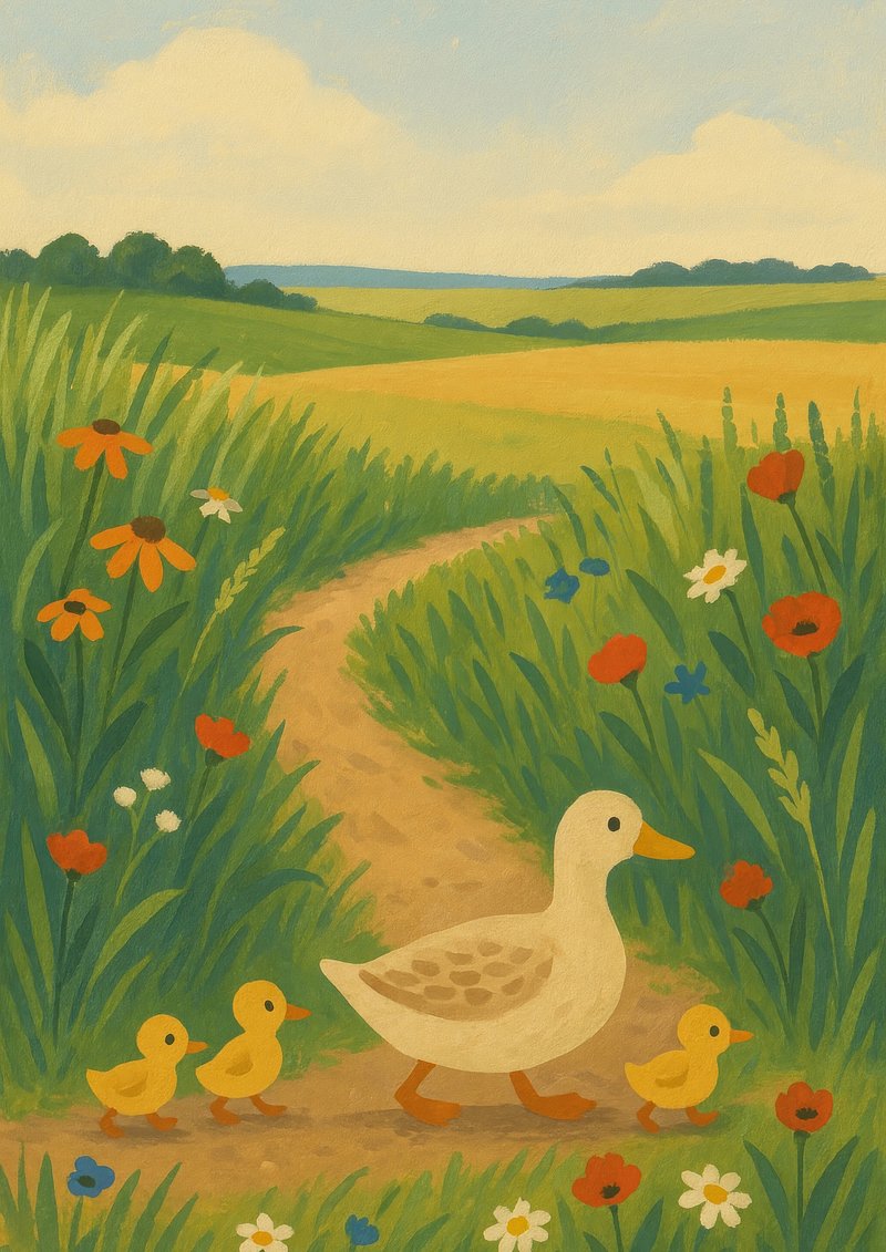 Charming pastoral duck family.