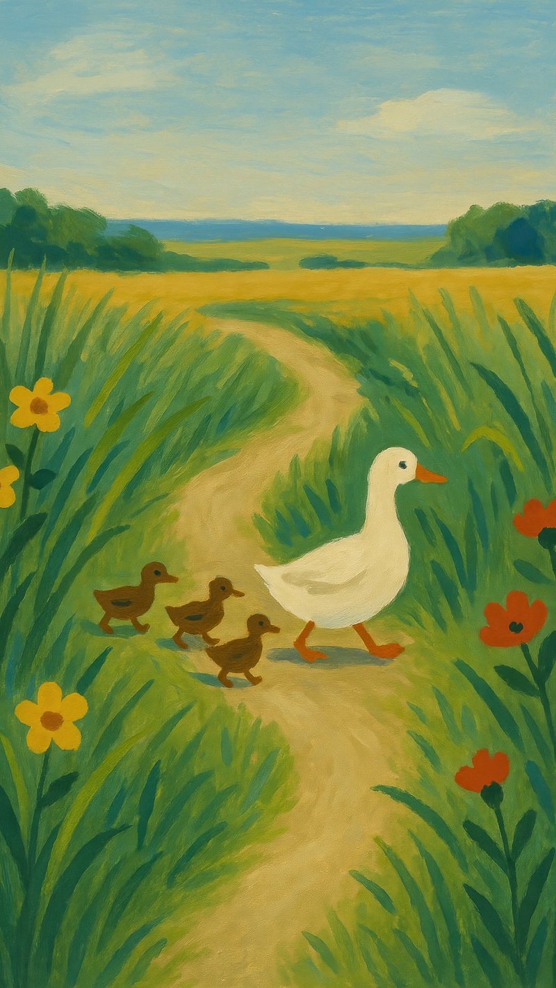 Ducks strolling scenic countryside path.