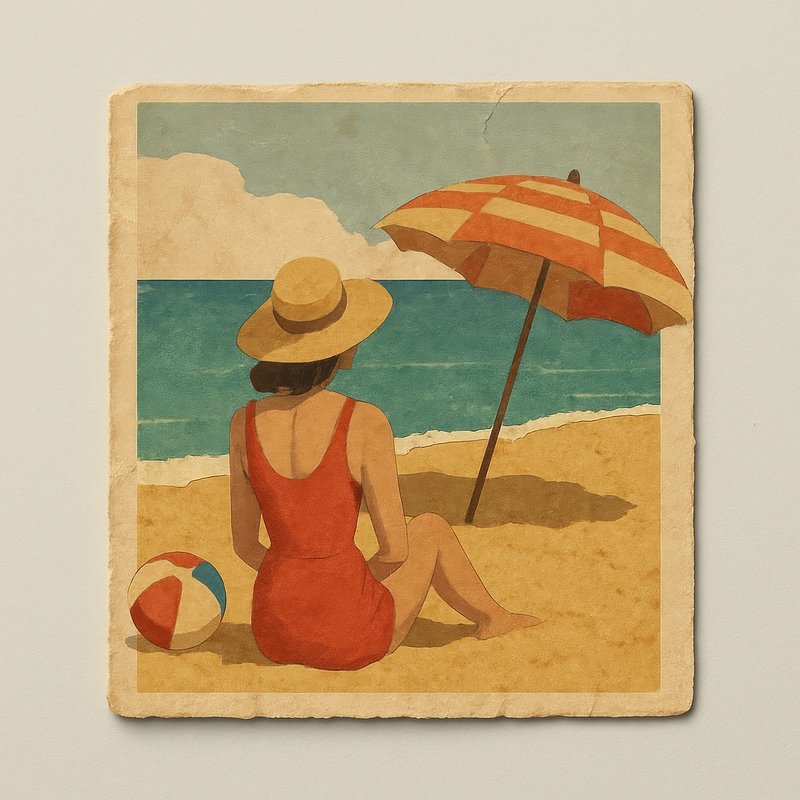 Vintage beach scene illustration.