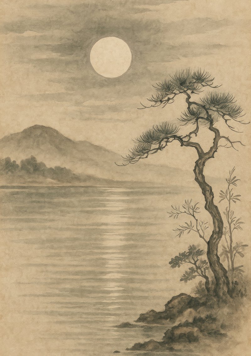 Serene moonlit landscape painting