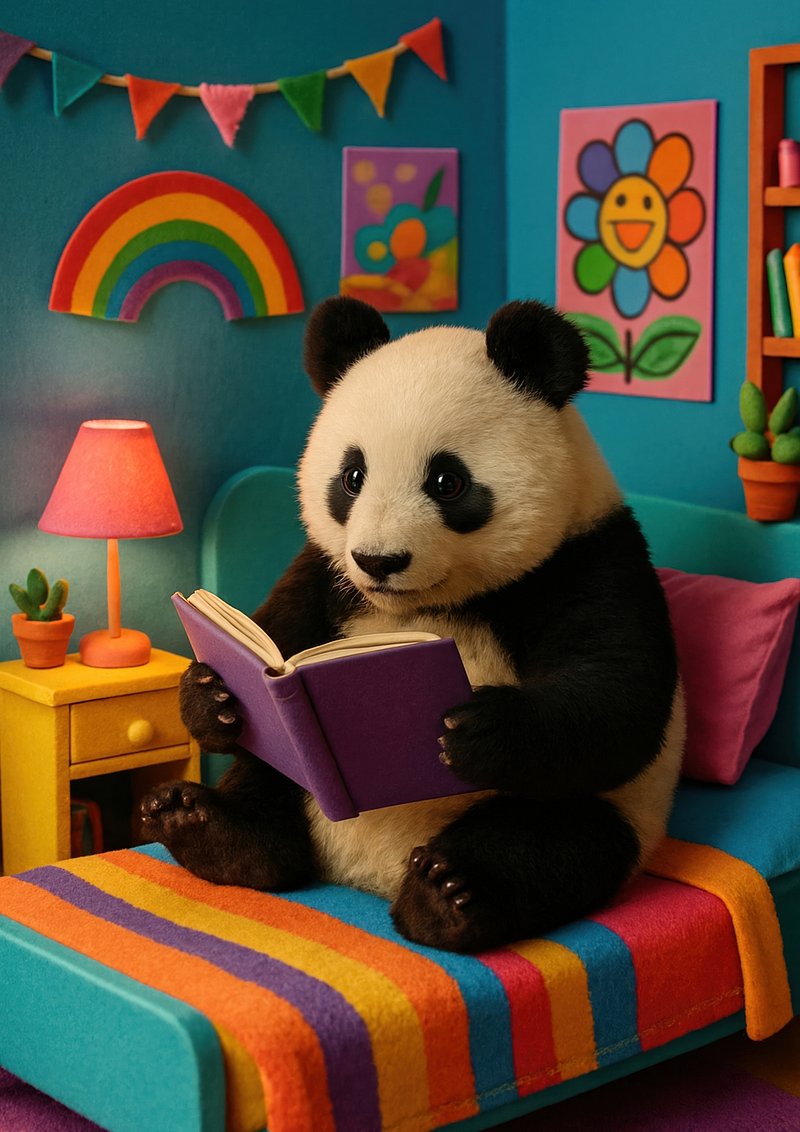 Panda reading colorful room