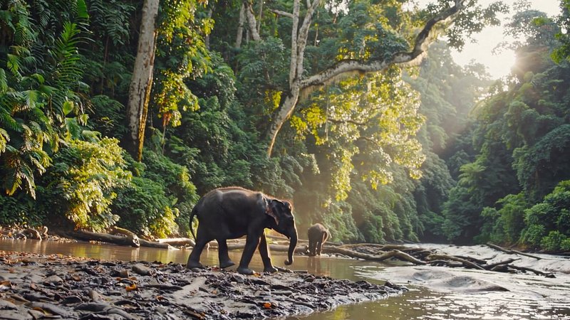Elephants roam lush jungle river.