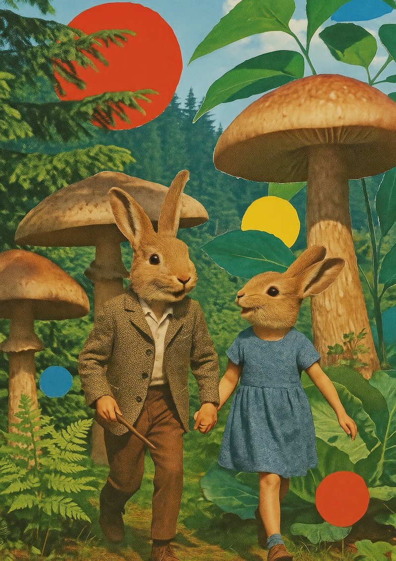Whimsical rabbits in surreal forest