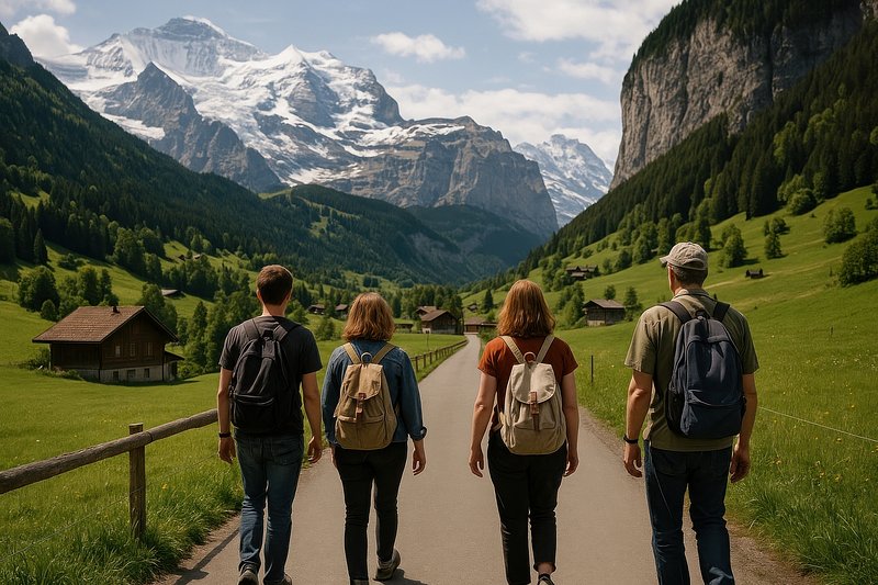 Hikers exploring scenic mountain valley.