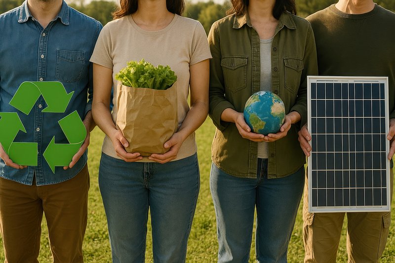 Sustainability symbols in human hands.
