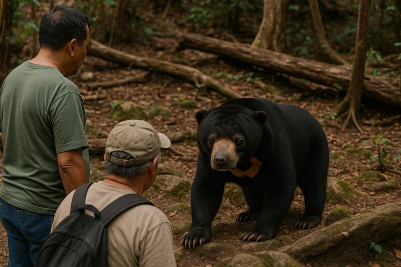 Men encounter sun bear forest