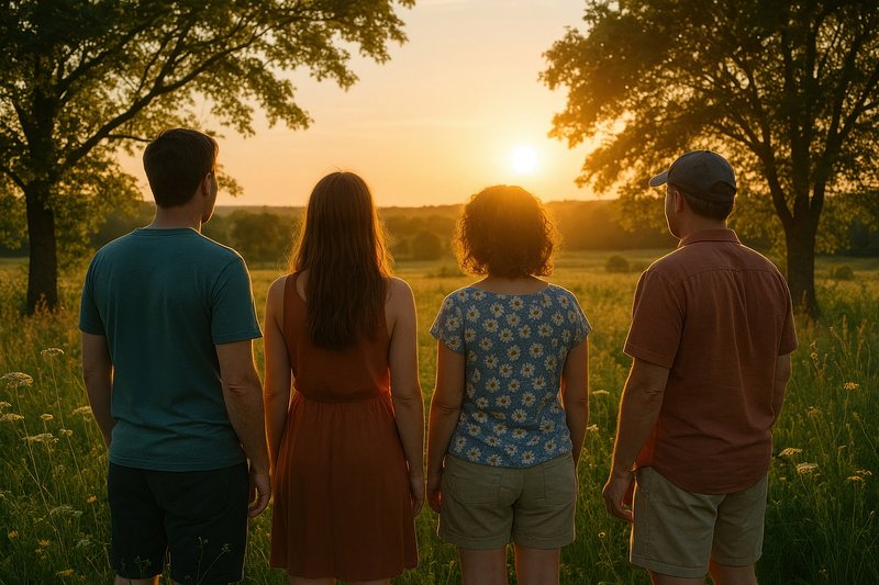 Family enjoying sunset together outdoors.