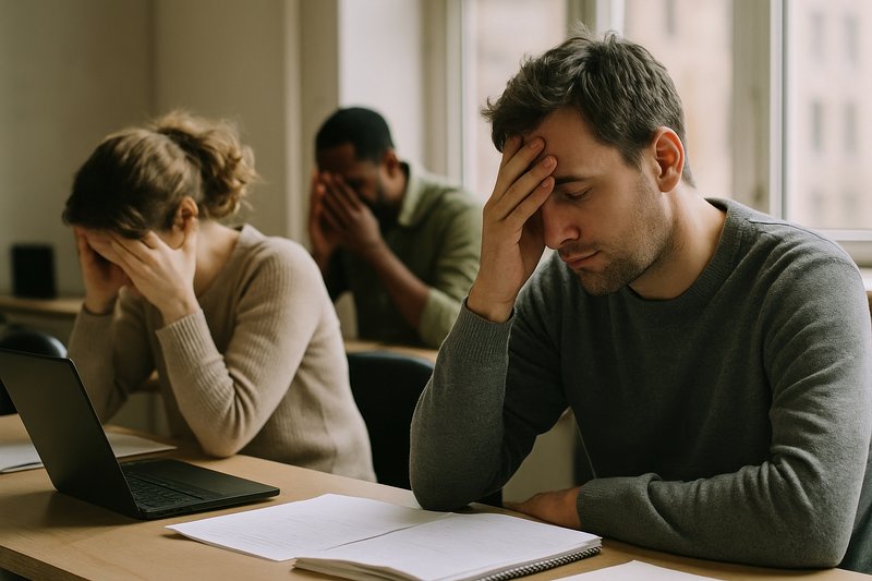 Stressed students during study session.