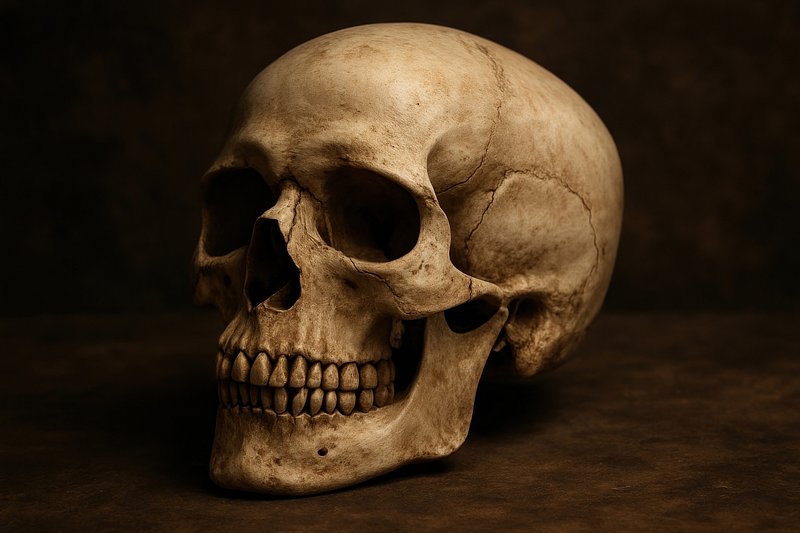 Realistic human skull on display.