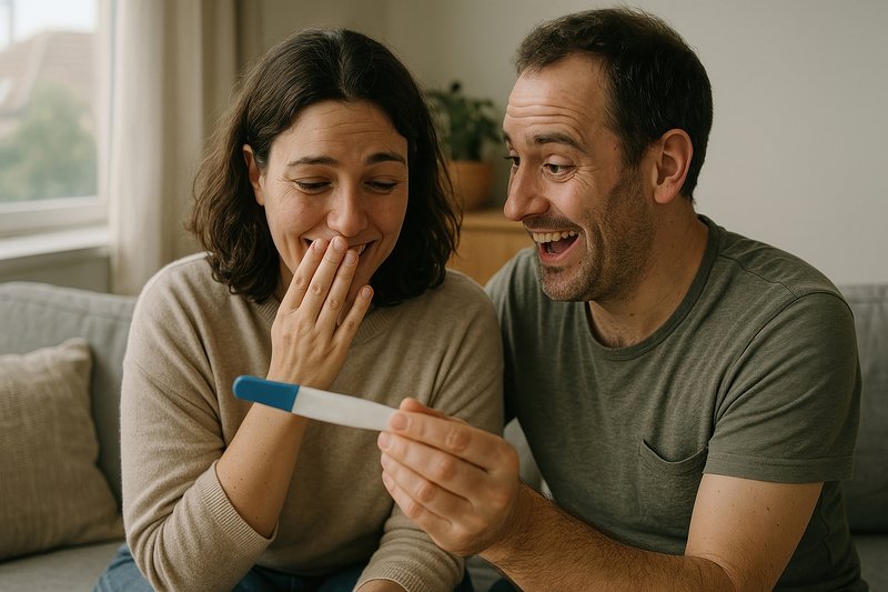 Couple joyfully discovers pregnancy news.