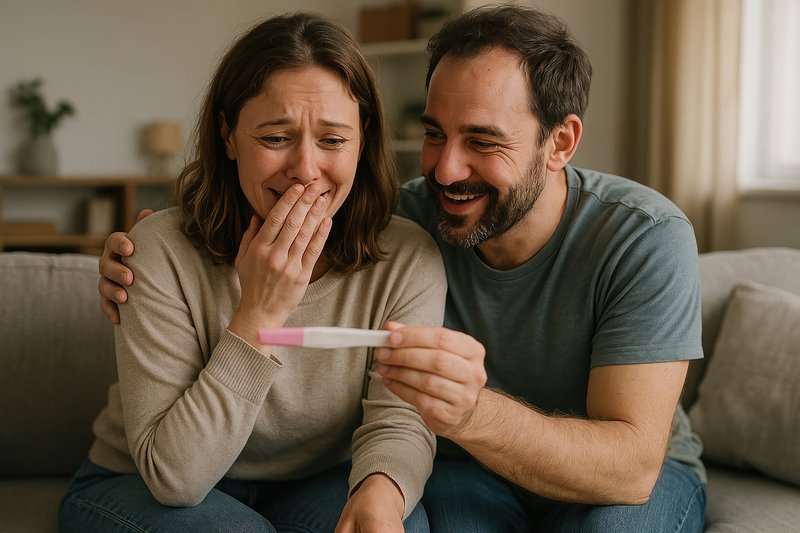 Joyful couple with pregnancy test