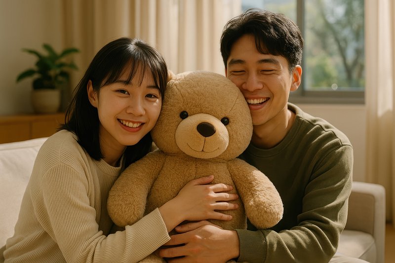 Happy couple hugging teddy bear.