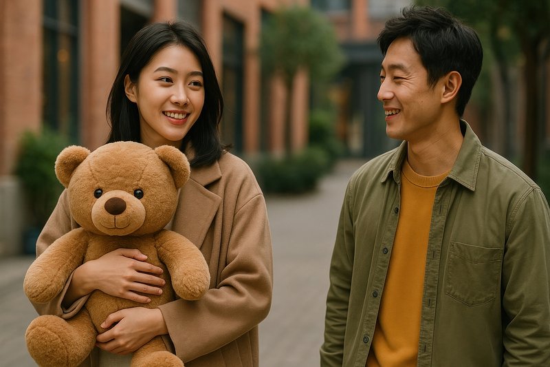 Couple smiling with teddy bear