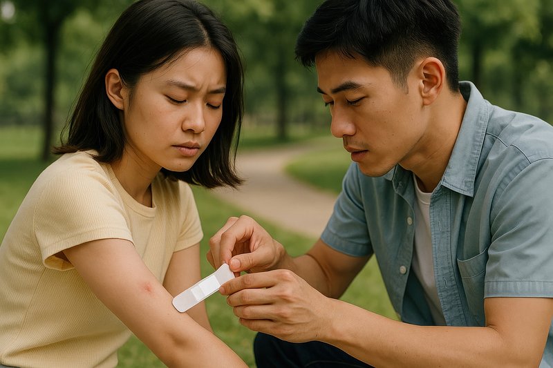 Caring couple tending wound outdoors.