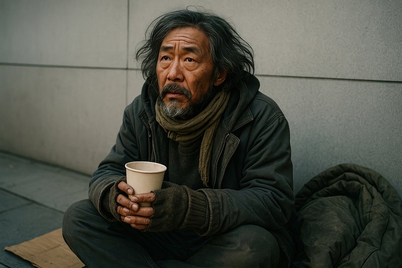 Man sitting holding cup outdoors.