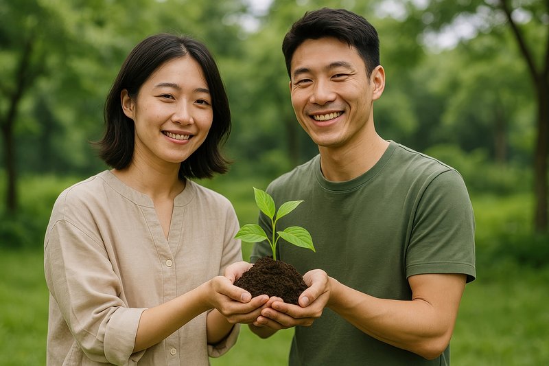 Couple nurturing young plant outdoors.