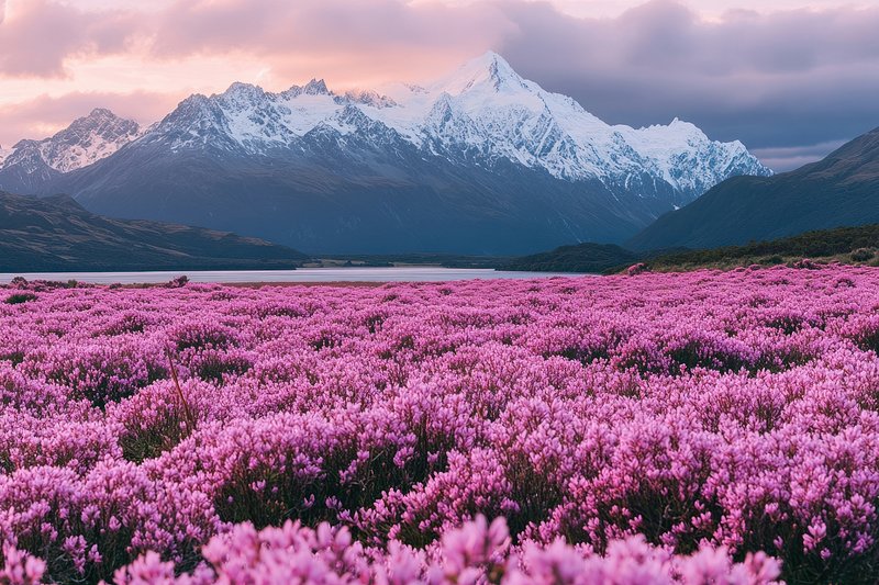 Purple and pink blooming flowers snow-capped landscape mountains.