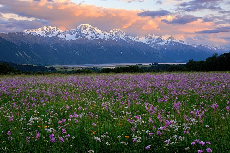 Purple and pink blooming flowers mountains field snow-capped.