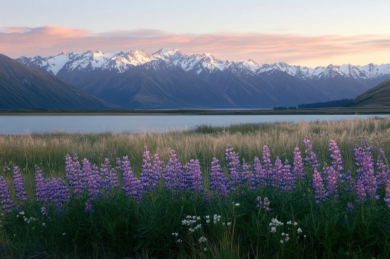 Purple and pink blooming lupins flowers mountains snow-capped landscape.