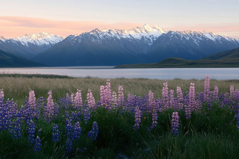 Purple and pink blooming lupins flowers mountains lake snow-capped.