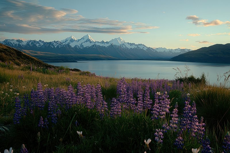 Purple and pink blooming lupins flowers mountains lake snow-capped.