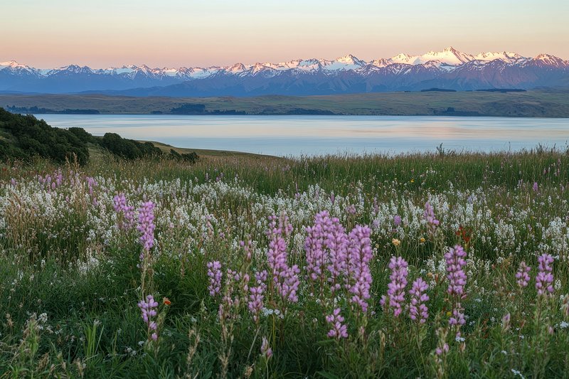 Purple and pink blooming lupins flowers wildflowers snow-capped landscape.