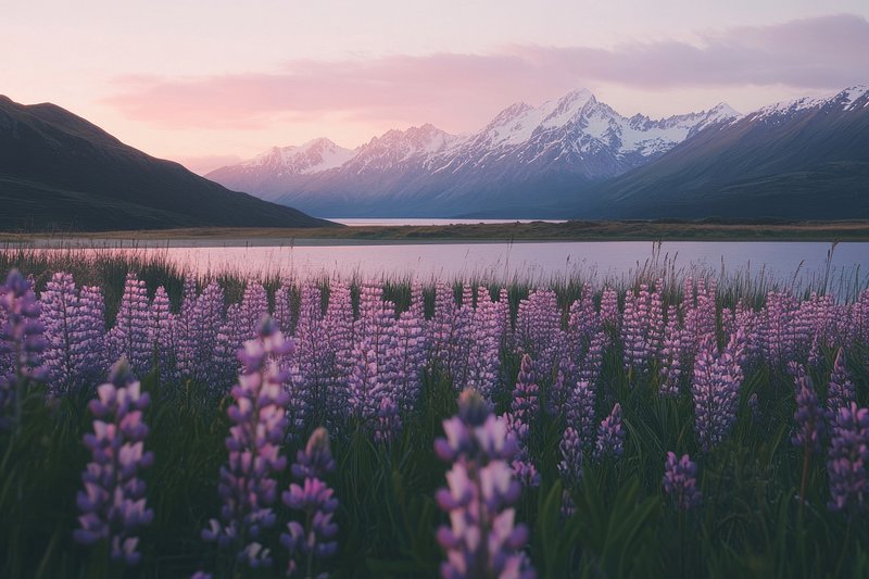 Purple and pink blooming lupins flowers lake snow-capped wildflowers.