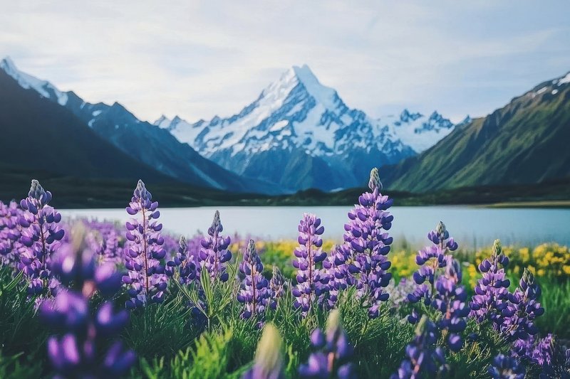 Purple and pink blooming lupins flowers lake snow-capped wildflower.