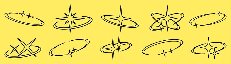A collection of ten black star and swirl designs on a yellow background. Each star and swirl is unique, creating a dynamic…