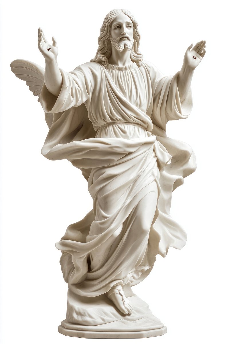 A carved marble stone statue of Jesus Christ white art sculpture.