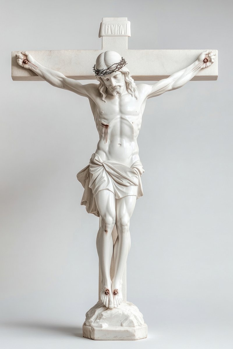 A carved marble stone statue of Jesus on the cross crucifix jesus white.