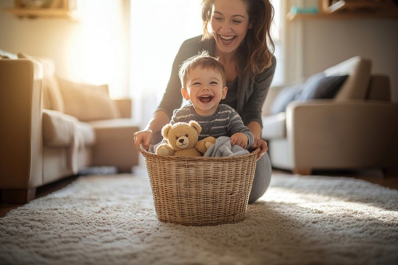 Laughing child-boy basket natural mother.