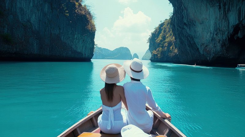 Serene travel white couple scenery water.