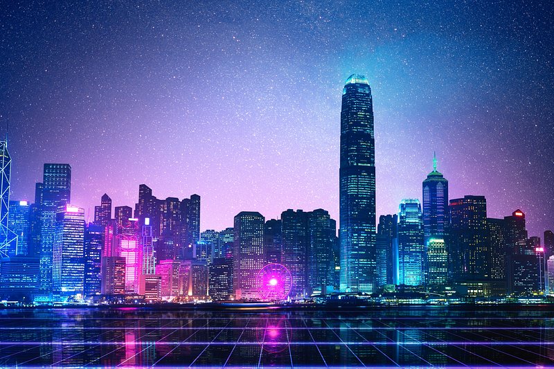 Neon cityscape wallpaper with purple and blue hues