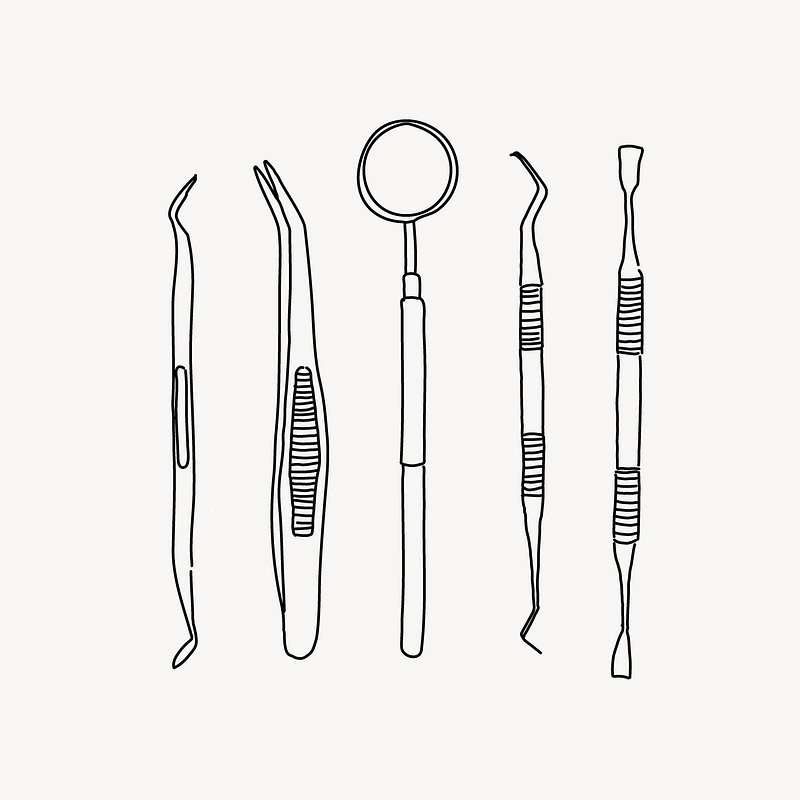 Dentist hand hold dental tools. Line art. Dental health care