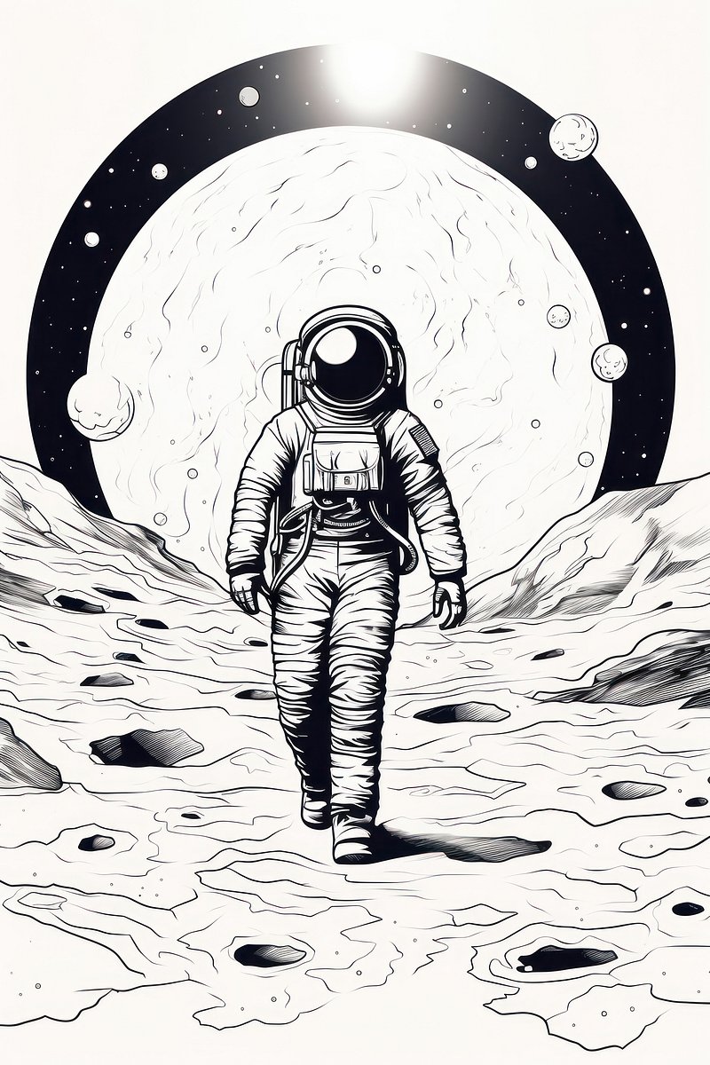 Black and white sketch of an astronaut floating in space on Craiyon