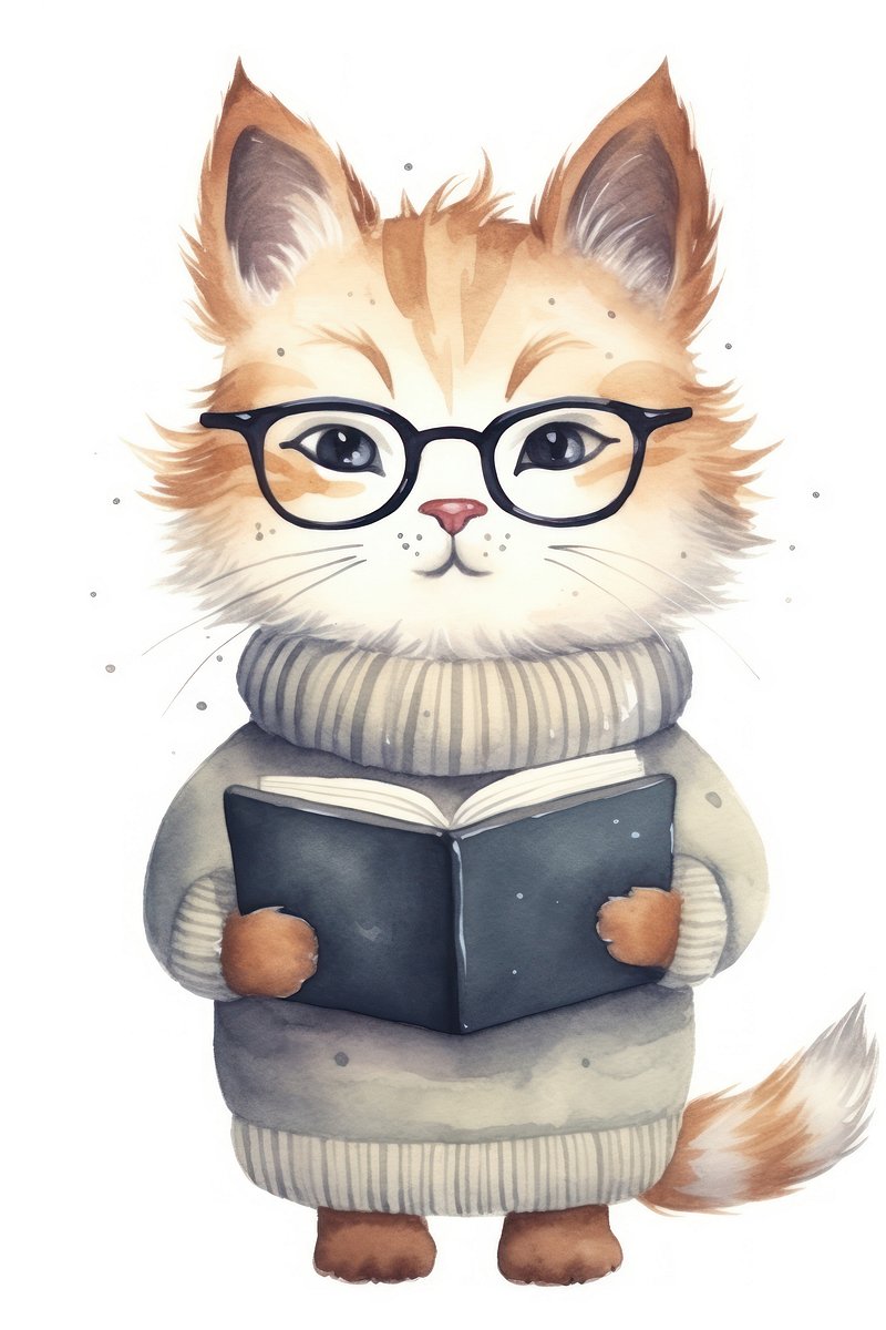 Illustration very cute cat wearing glasses reading book