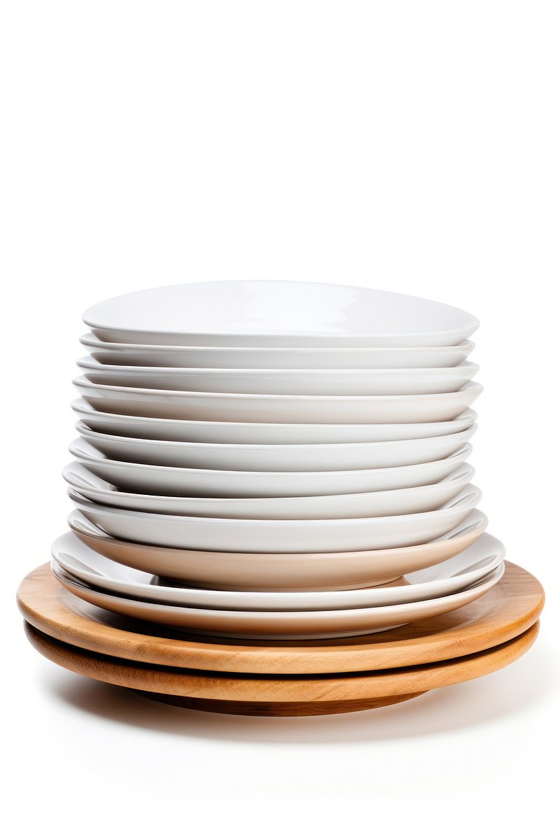 Stack Of Styrofoam Plates And Ceramic Plate On Table High-Res