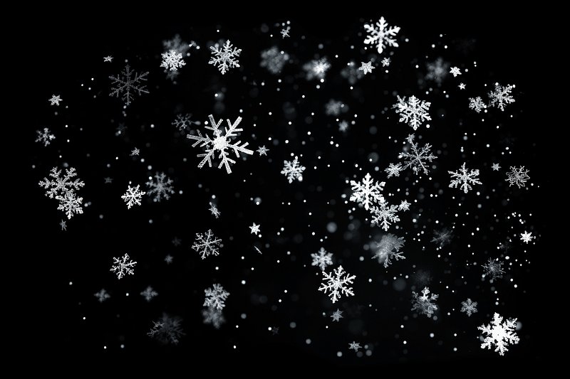 a snowflake is shown on a black background with snow flakes and snow flakes  falling around the snowflakes and the snowflakes are white on the ground  and black. Generative AI Stock Illustration