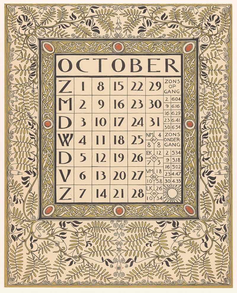 Kalenderblad voor oktober 1899 (1898) | Free Photo - rawpixel