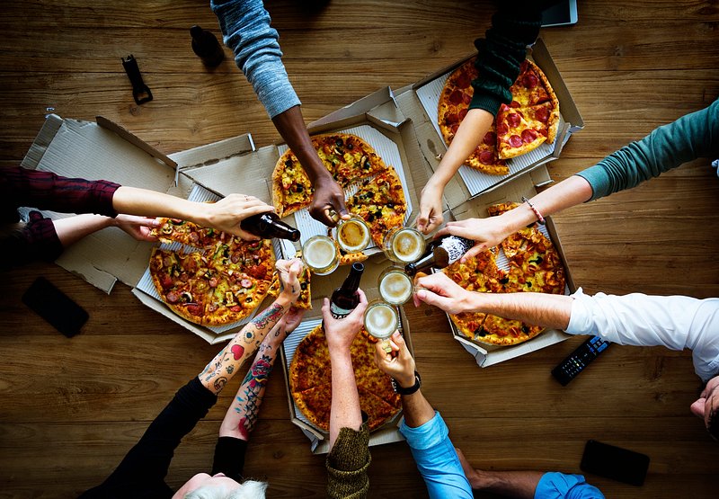 Hands Colleague Friends Eating Pizza After Stock Photo 1341119738