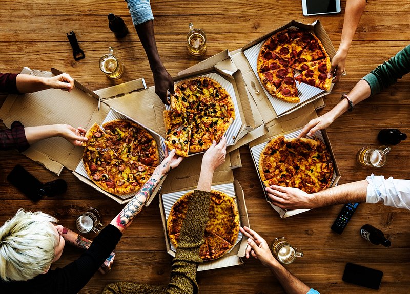 Eating Pizza. Group Of Friends Sharing Pizza Together. People Hands Taking  Slices Of Pepperoni Pizza. Fast Food, Friendship, Leisure, Lifestyle. Stock  Photo