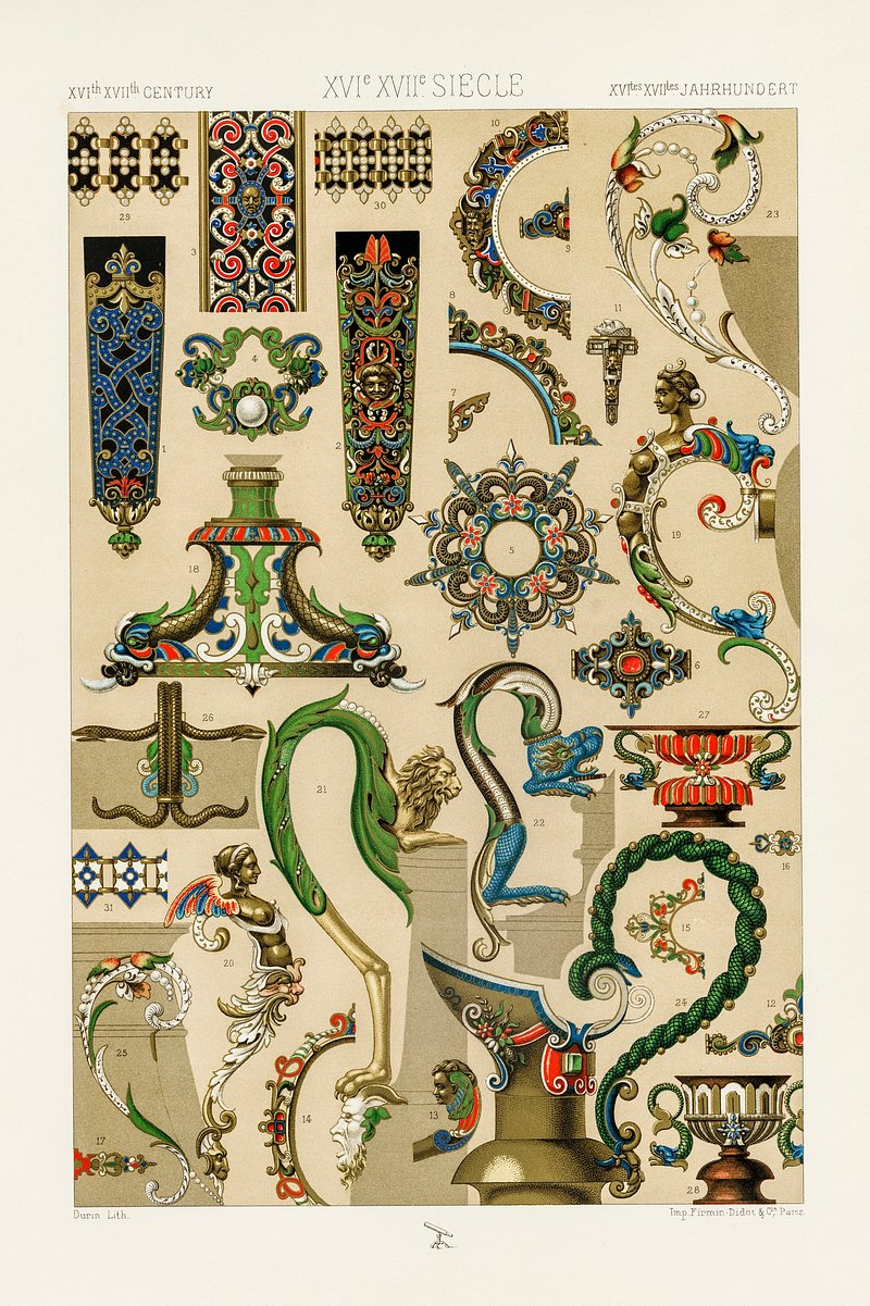 RACINET ORNEMENT POLYCHROME 42 Medieval decorative arts patterns motifs c1885 