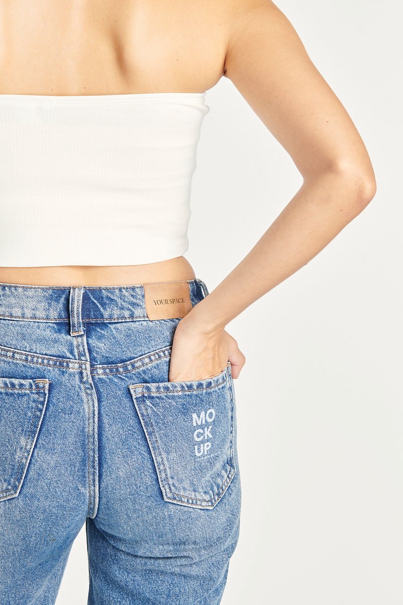 Woman high-waisted jeans and white | Premium PSD Mockup - rawpixel