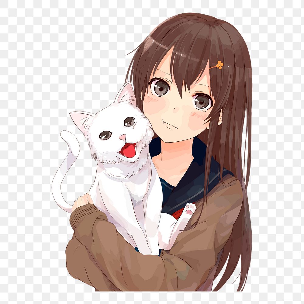 Png anime girl with cat | Free PNG - rawpixel