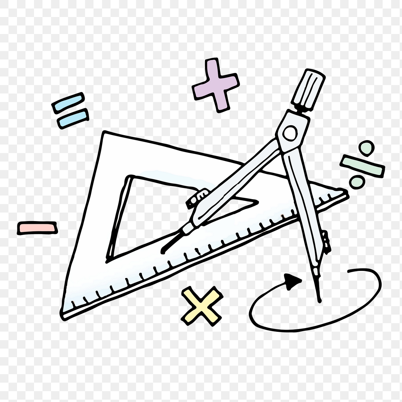  Image of a triangle protracter with a pen compass with basic math signs floating qaround them, multiplication, division, etc signs.