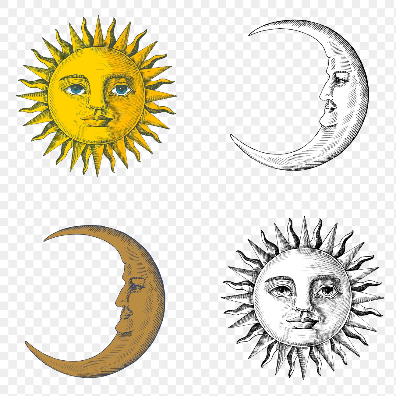 Hand drawn sun and crescent | Premium PNG - rawpixel